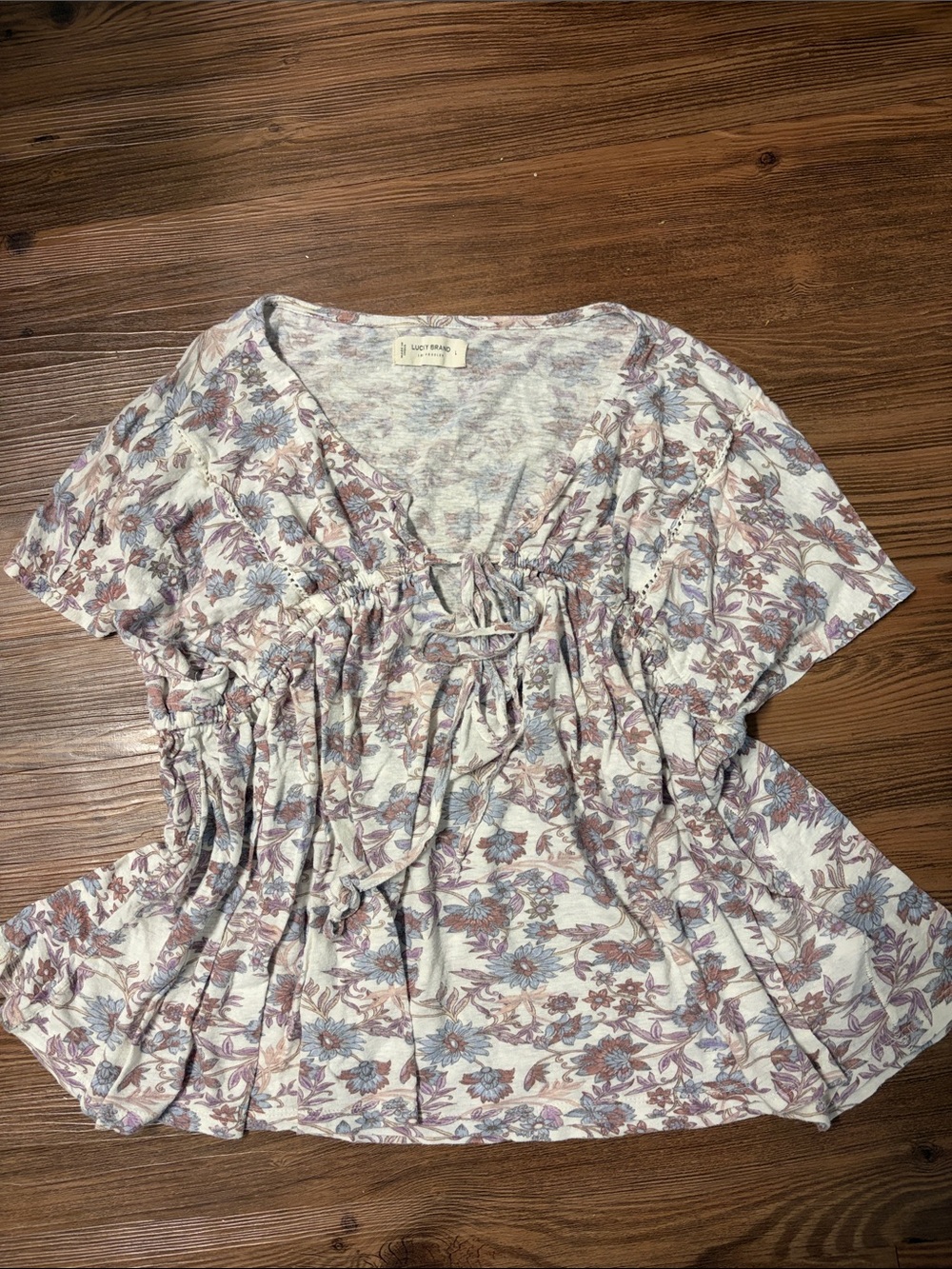 Lucky Brand Floral Tie-Front Blouse in Blue, Mauve & Ivory